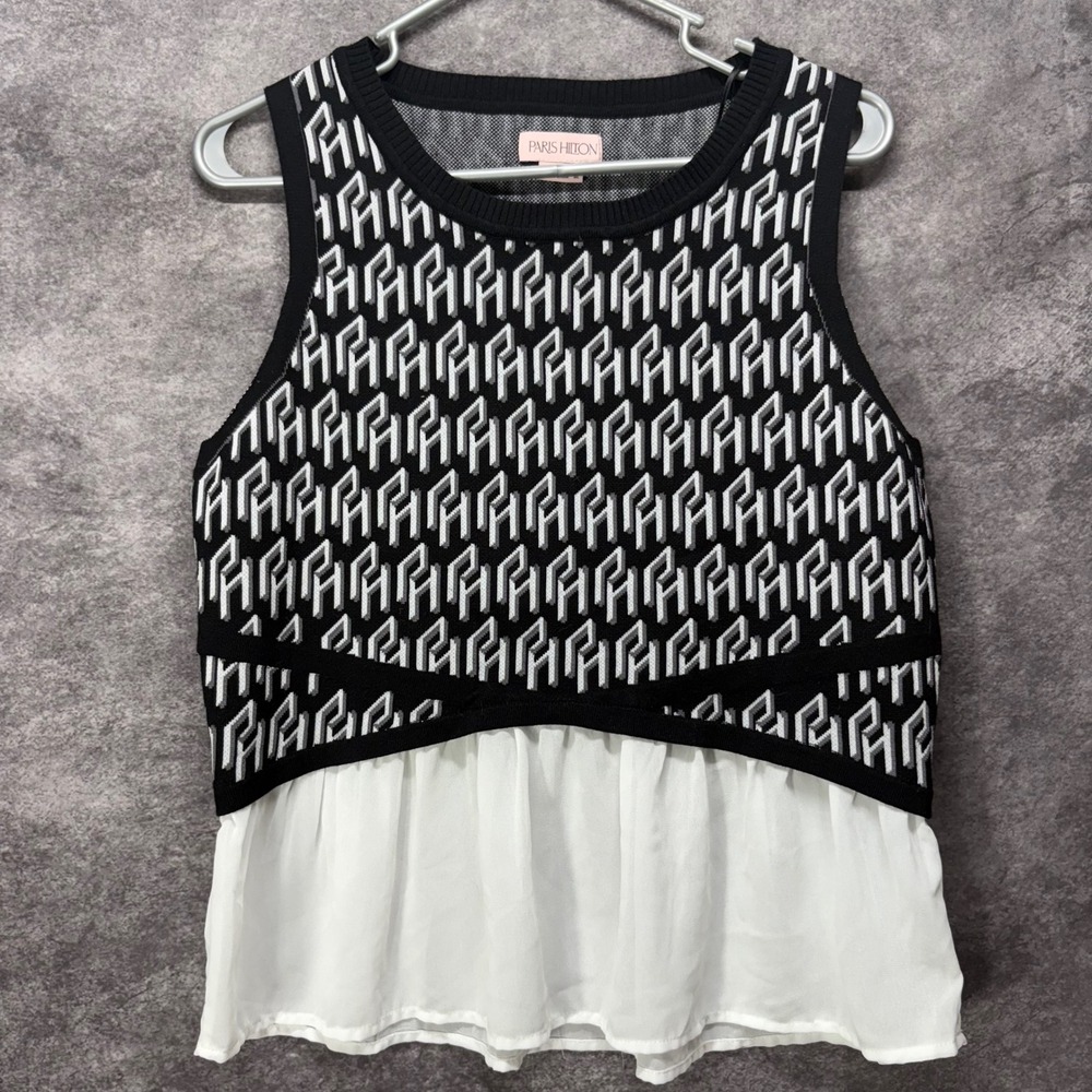 Y2K Paris Hilton 2Fer Layered Knit Top Womens XL Black White Officecore Preppy